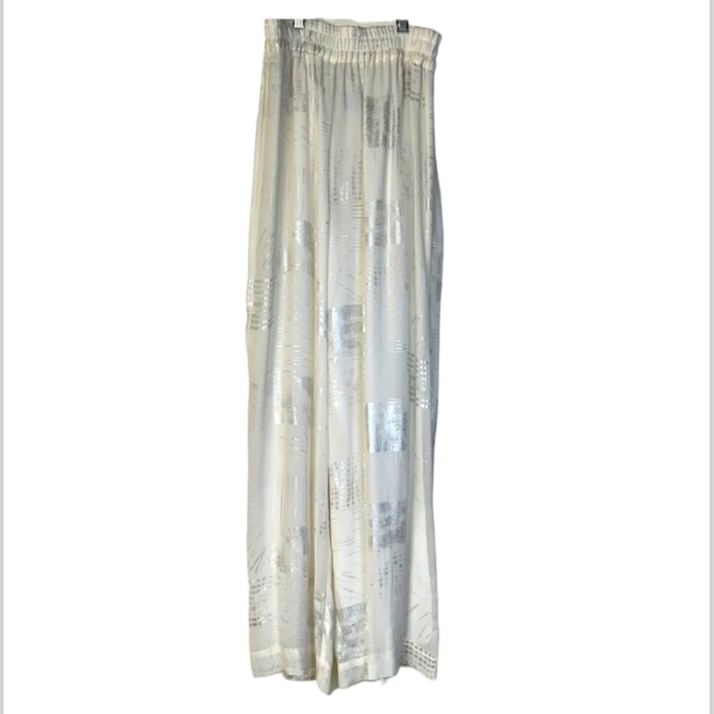 1980s DOROTHY SCHOELEN PLATINUM PANTS CREAM & SILVER FABRIC ELASTIC WAIST